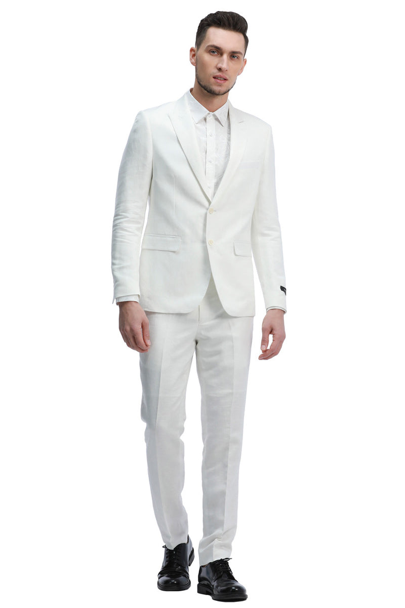 Men’s Two Button Peak Lapel Summer Linen Style Beach Wedding Suit in White