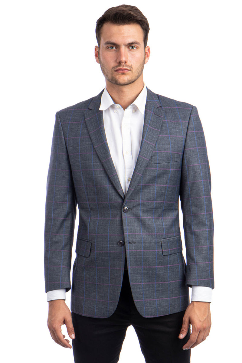 Men’s Two Button Regular Fit Sport Coat in Charcoal Grey with Blue & Pink Windowpane Plaid