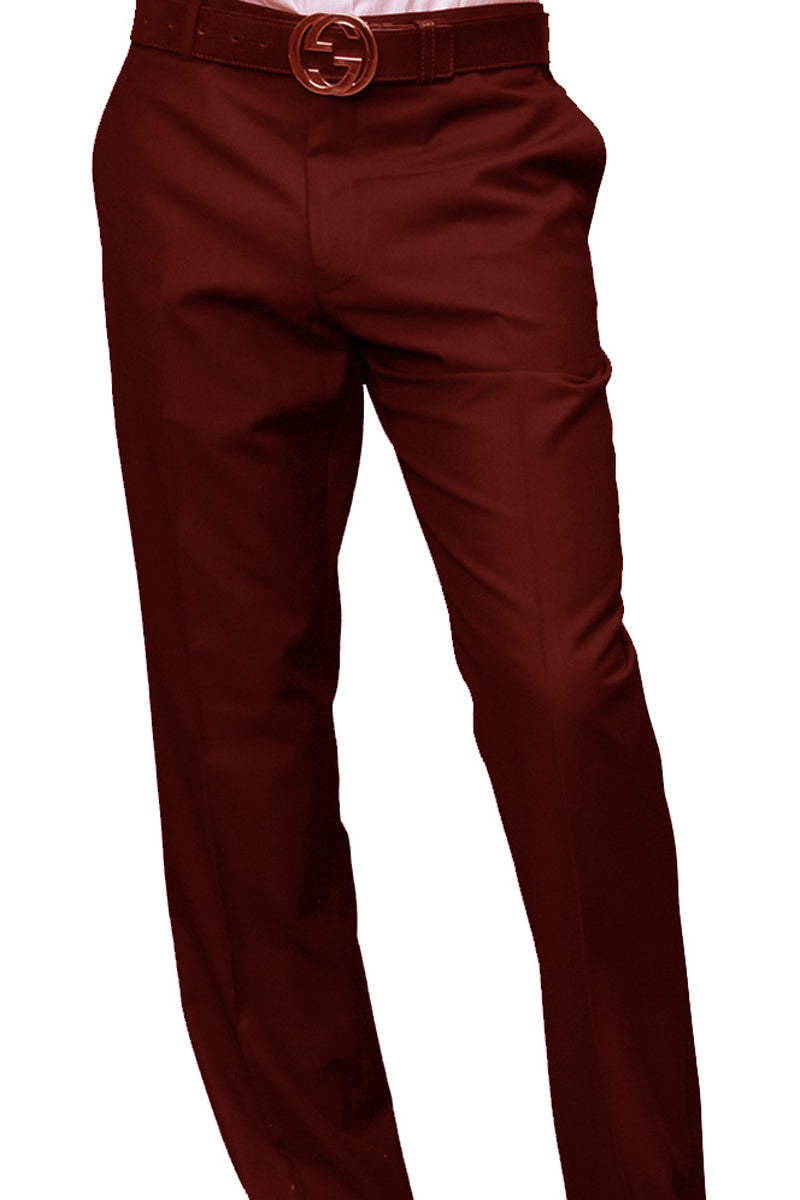 Men’s 100% Wool Modern Fit Flat Front Dress Pant in Burgundy