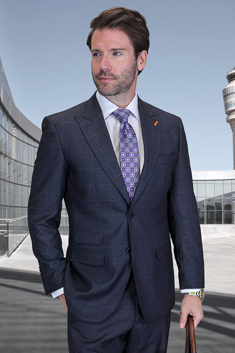 Men’s Designer Two Button Peak Lapel Wool Suit in Dark Grey Windowpane Plaid