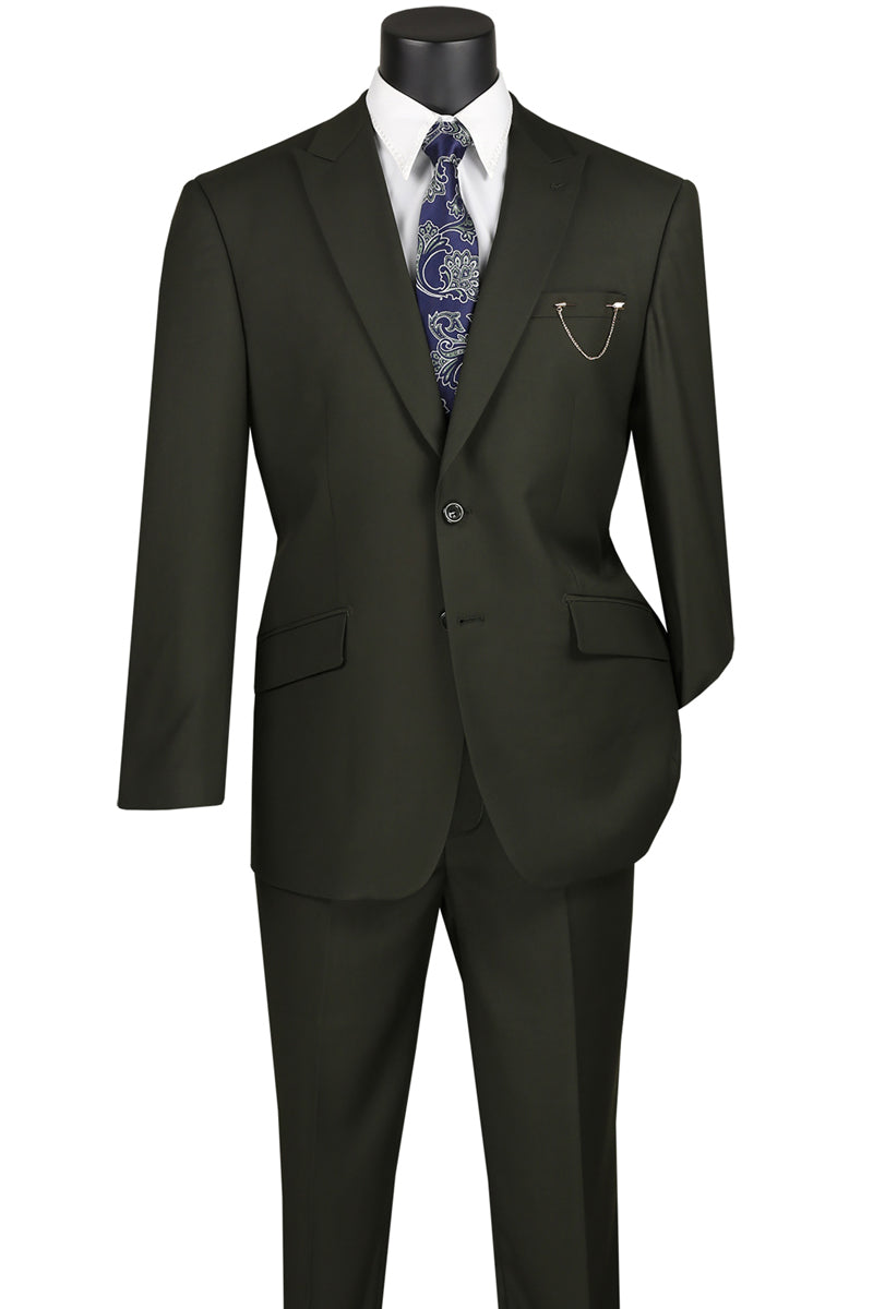 Men’s Two Button Modern Fit Wide Peak Lapel Wool Feel Suit in Olive Green