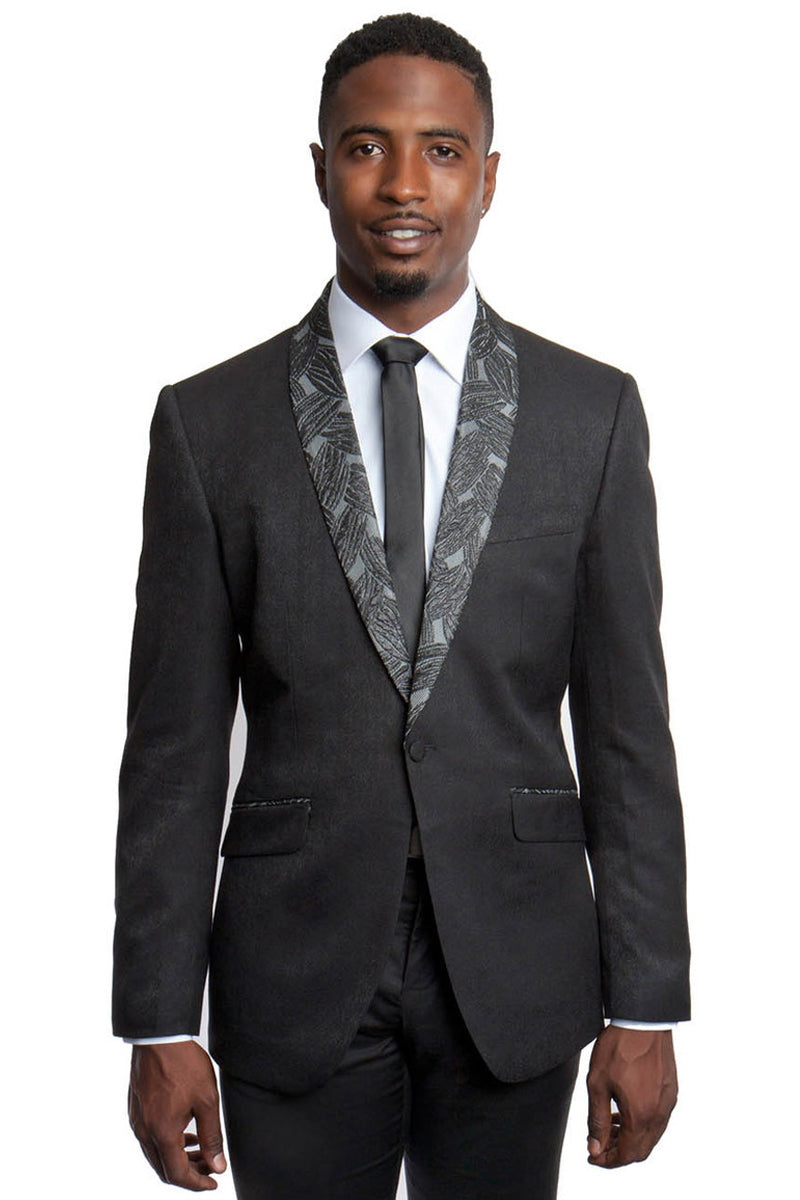 Men’s One Button Slim Fit Dinner Jacket in Black with Monochromatic Leaf Pattern Lapel