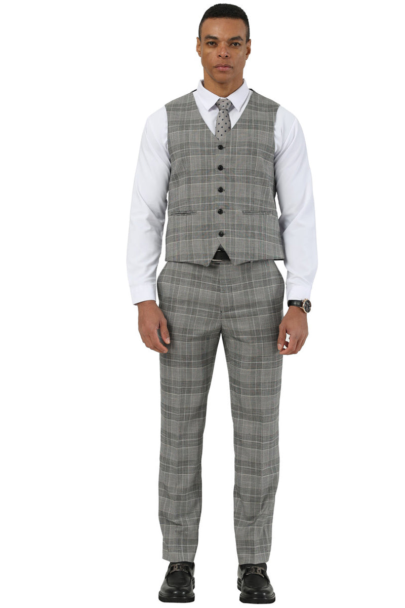 Men’s Stacy Adams Two Button Wide Notch Lapel Vested Suit in Grey Glen Plaid