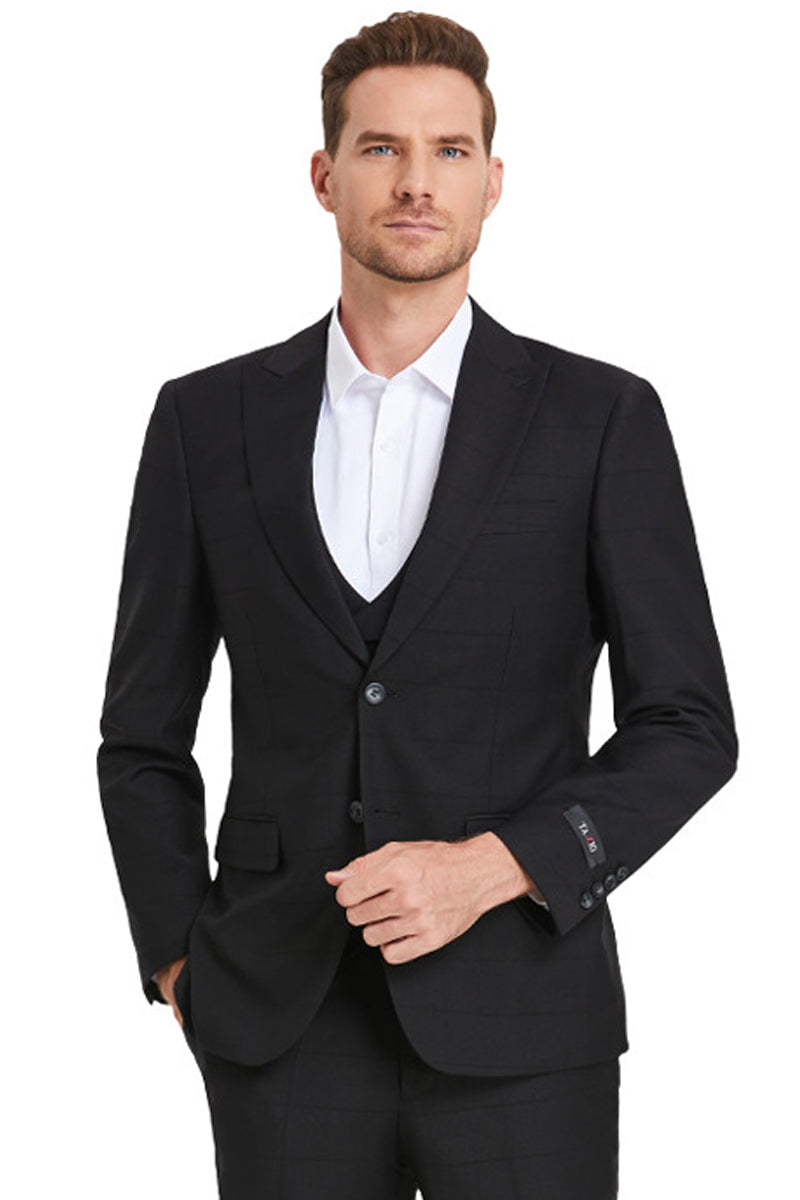 Men’s Two Button Vested Peak Lapel Sharkskin Suit in Black Windowpane Plaid