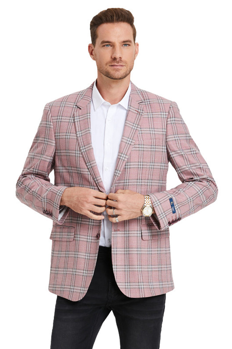 Men’s Two Button Business Casual Double Windowpane Sport Coat in Rose Pink