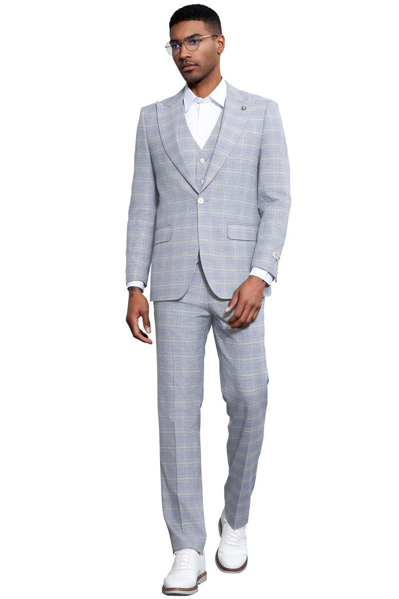 Men’s Stacy Adams Vested Peak Lapel Baby Blue Plaid Prom & Wedding Suit