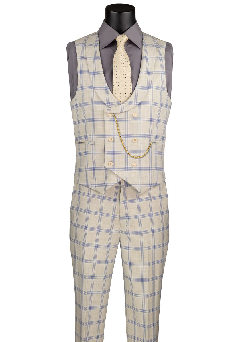 Men’s Summer Windowpane Suit with Double Breasted Vest in Light Beige