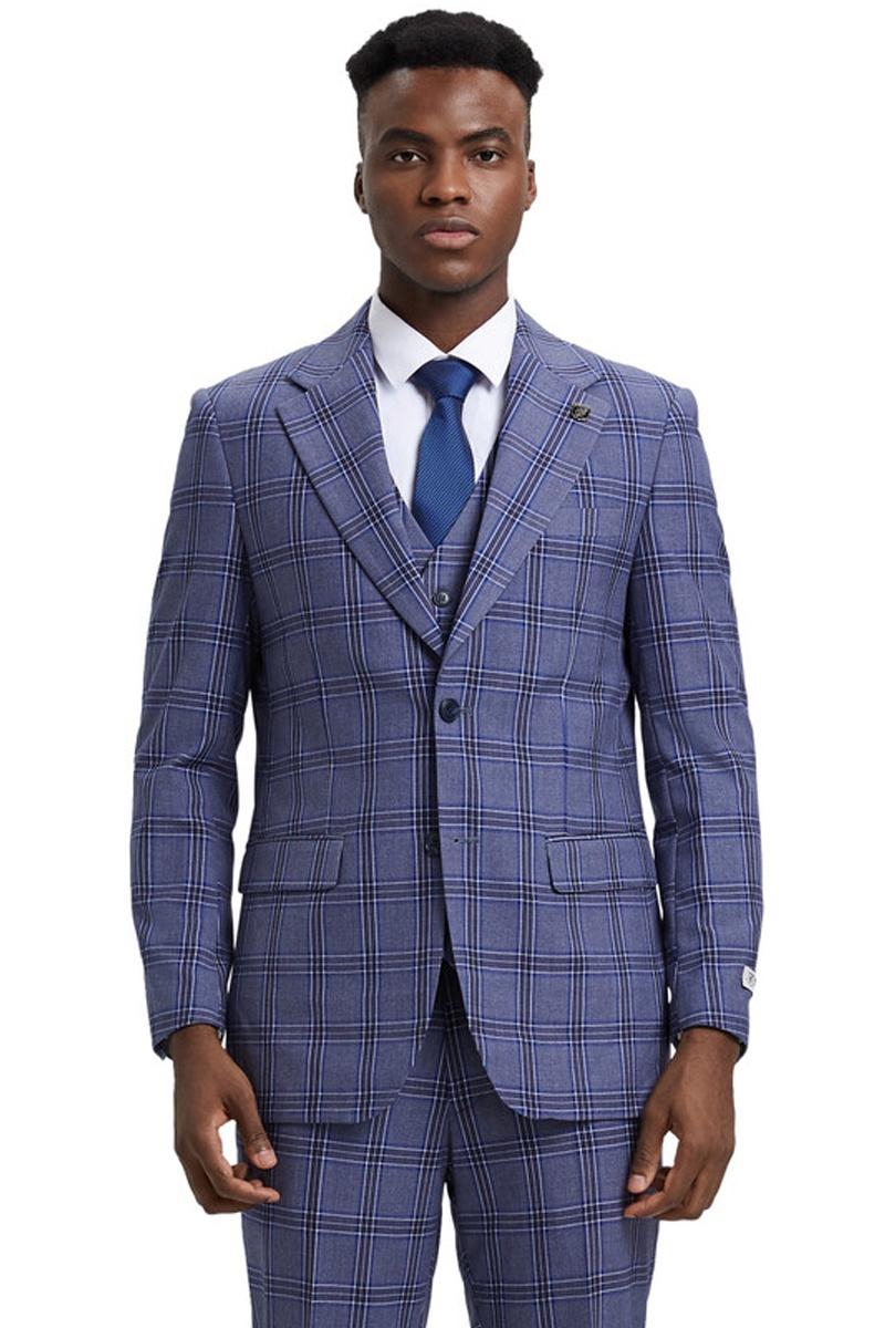 Men’s Stacy Adams Two Button Vested Glen Plaid Check Suit in Light Purple Lavender