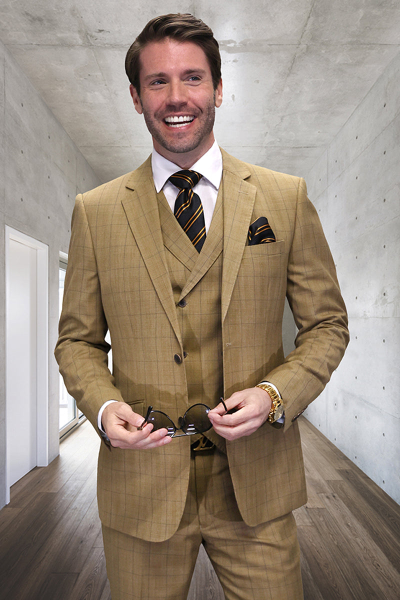Men’s Designer Wool Vested Windowpane Plaid Suit in Bronze