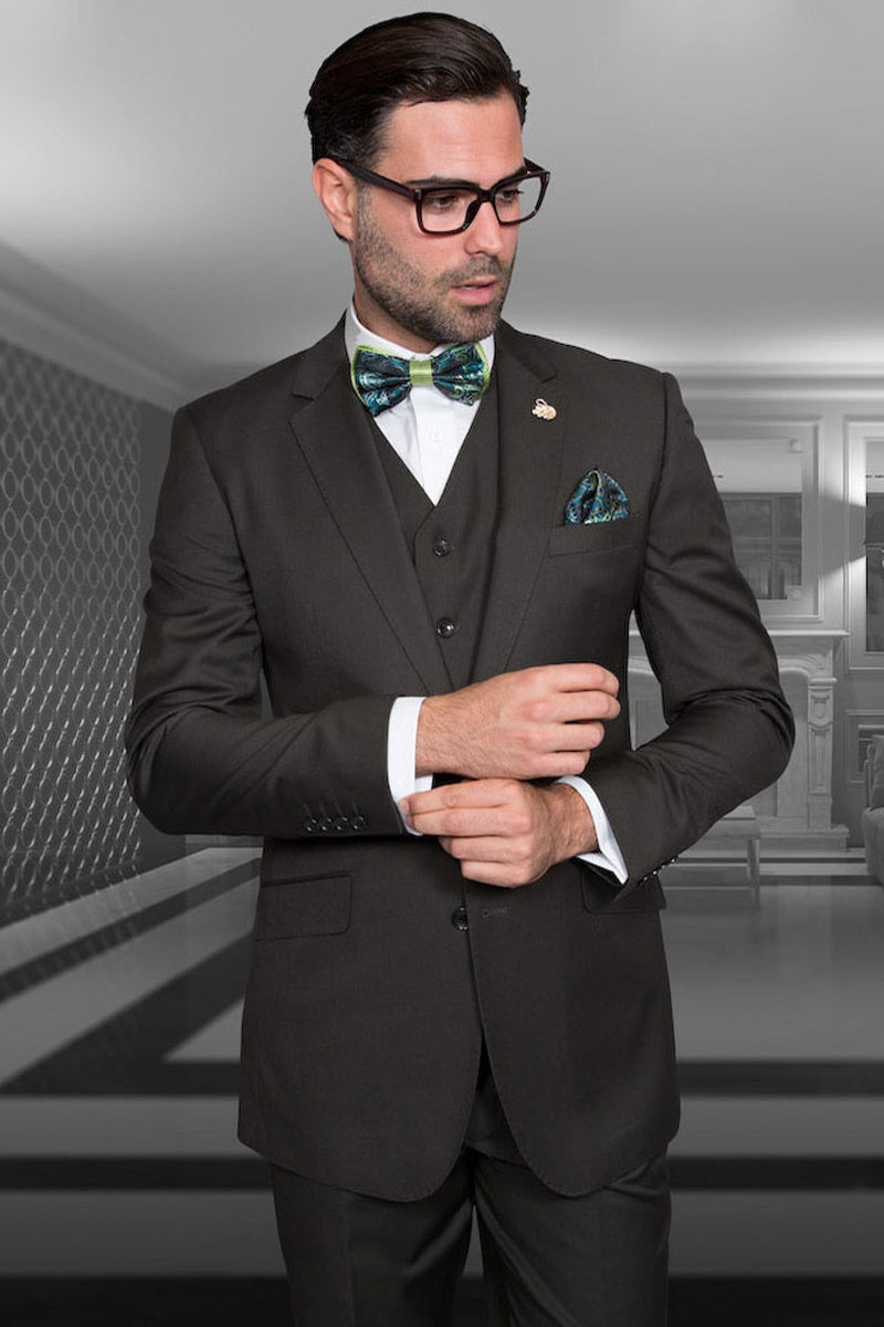 Men’s Designer Vested Modern Fit Wool Business & Wedding Suit in Olive Green