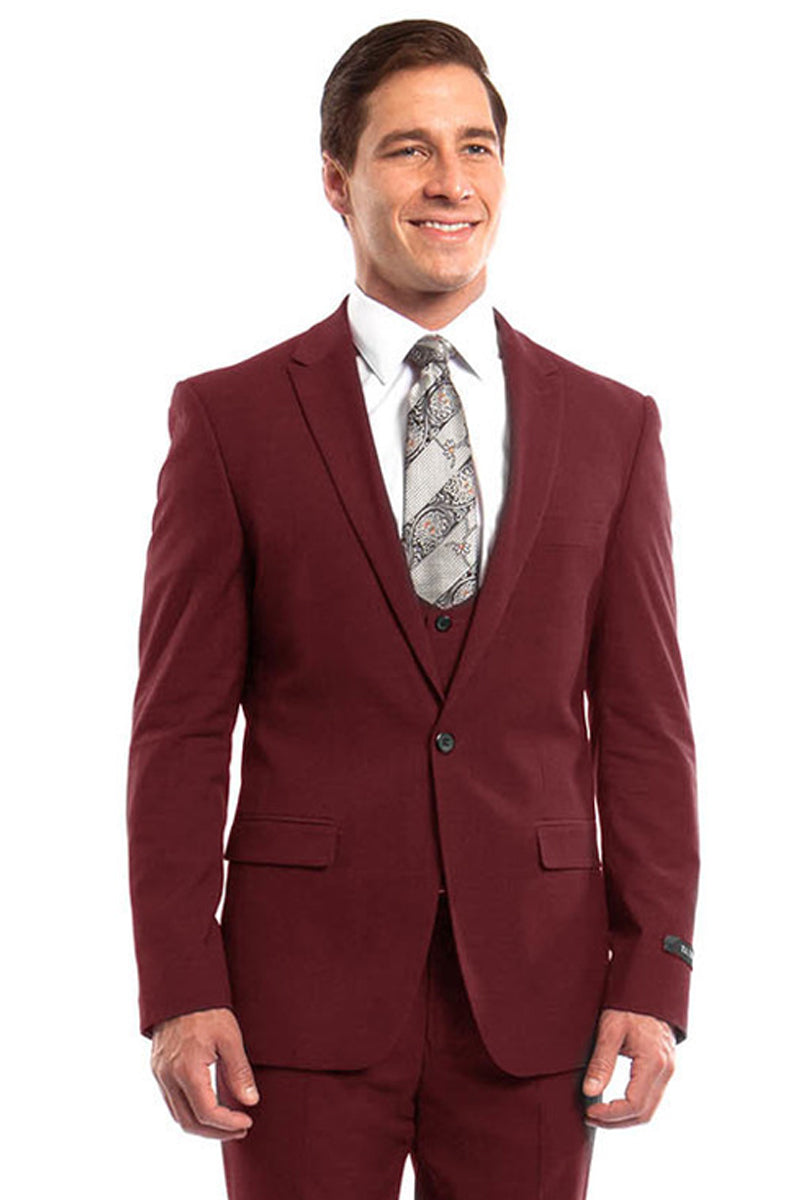 Men’s One Button Peak Lapel Skinny Wedding & Prom Suit with Lowcut Vest in Red