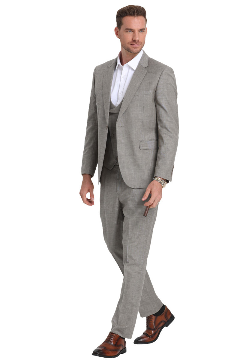 Men’s One Button Double Breasted Vest Slim Fit Sharkskin Wedding Suit in Light Grey