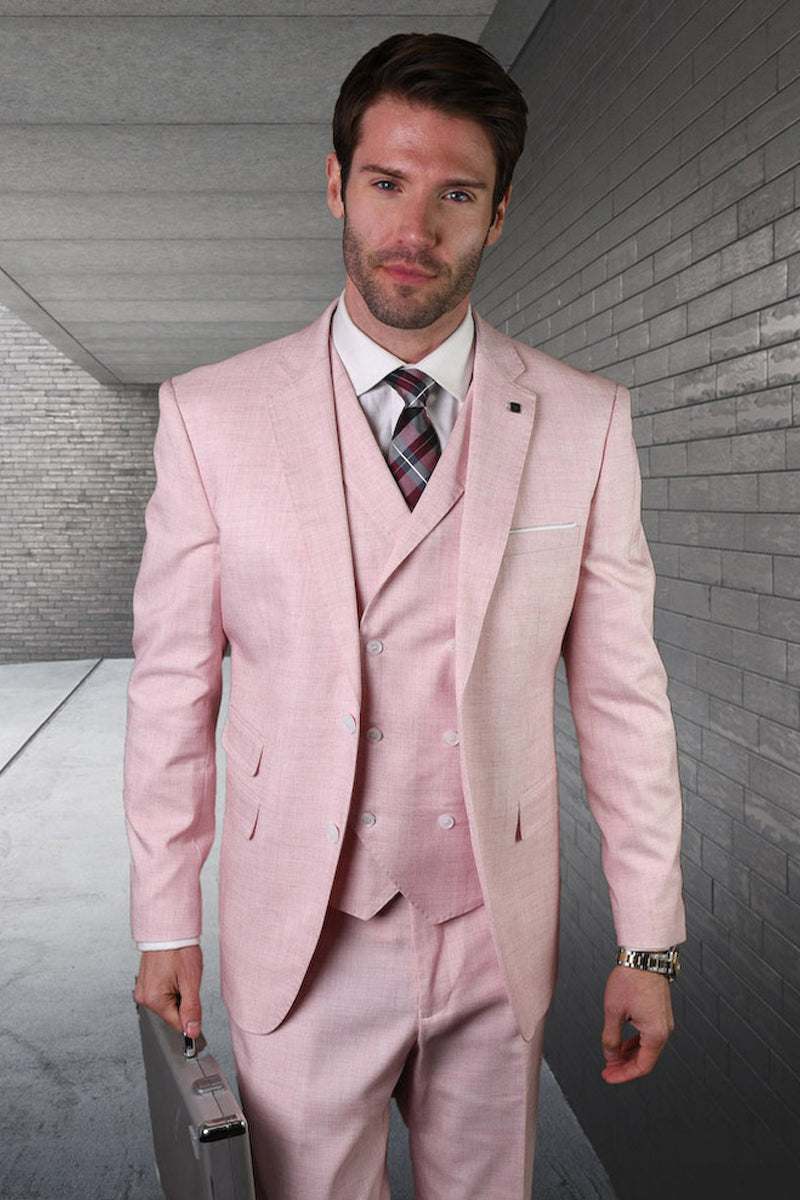 Men’s Modern Fit Designer Summer Wool Suit in Pink with a Double Breasted Vest