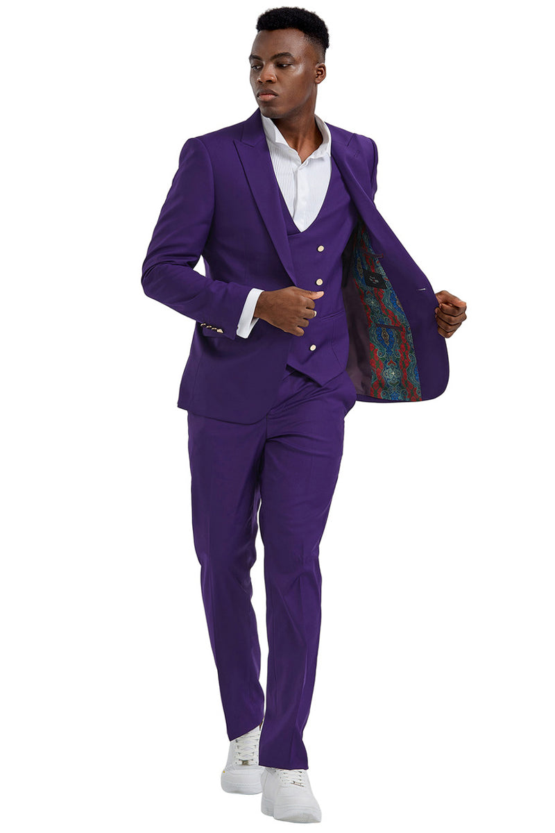 Men’s One Button Peak Lapel Vested Suit with Gold Buttons in Purple
