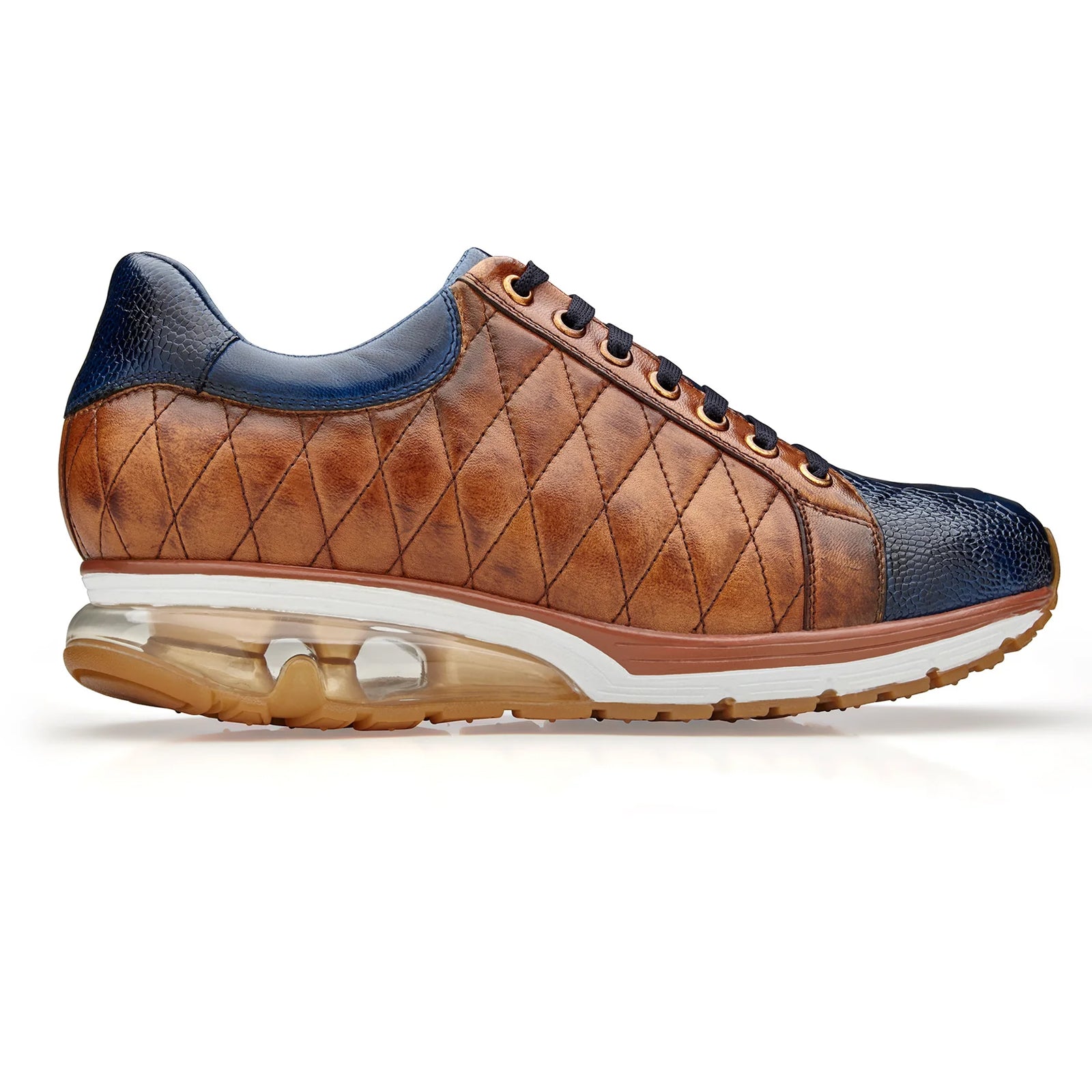 Men’s Belvedere Sacco Ostrich Leg & Quilted Calf Leather Dress Sneaker in Navy & Saddle Tan