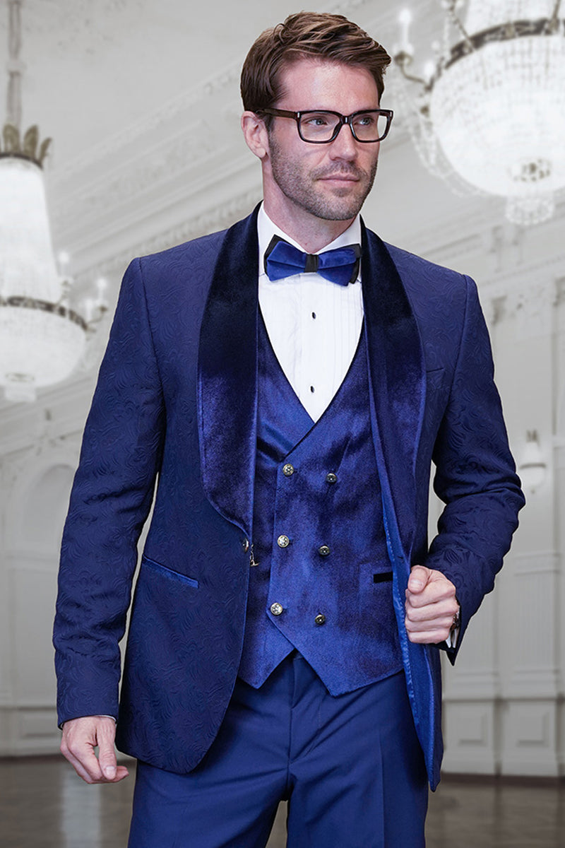 Men’s Tonal Paisley Wedding & Prom Tuxedo with Velvet Lapel & Vest in Sapphire Blue
