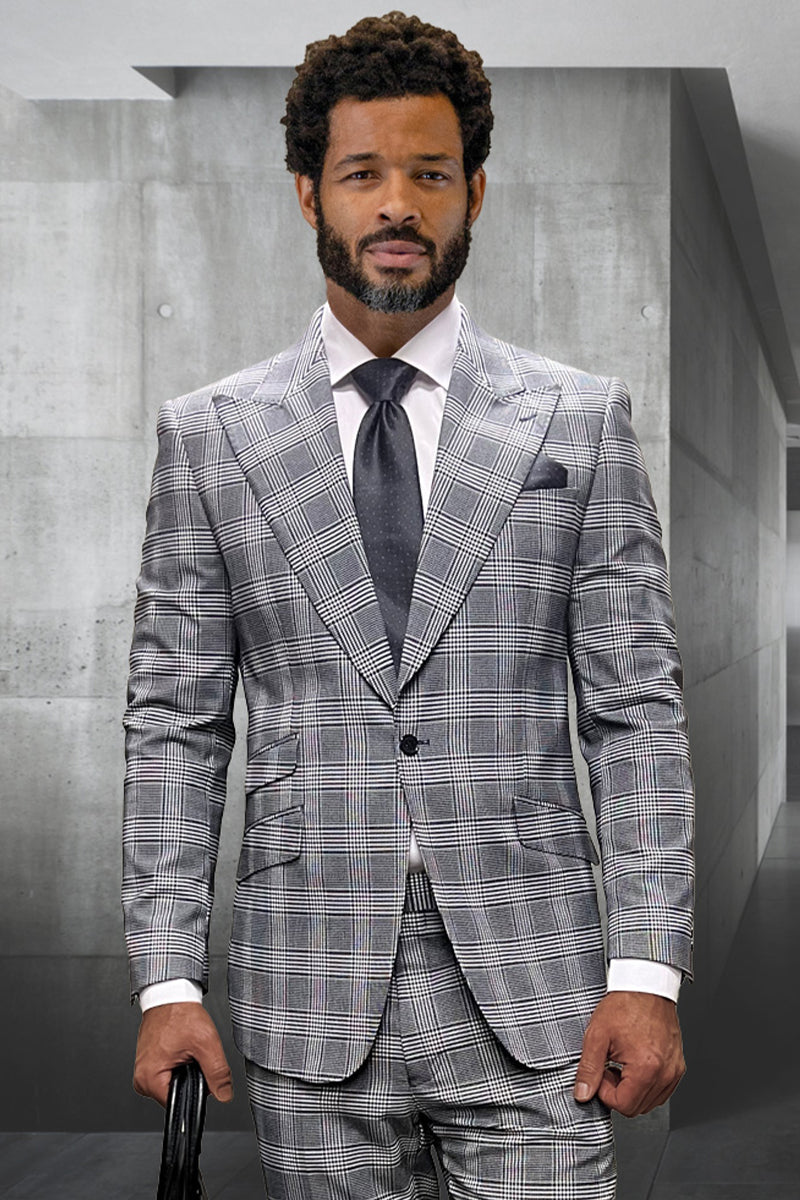 Men’s Designer One Button Peak Lapel Wool Suit in Grey Windowpane Plaid
