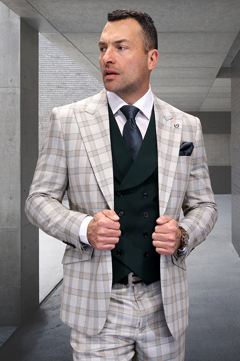 Men’s Single Button Designer Wool Suit With Double Breasted Vest in Hunter Green Windowpane Plaid