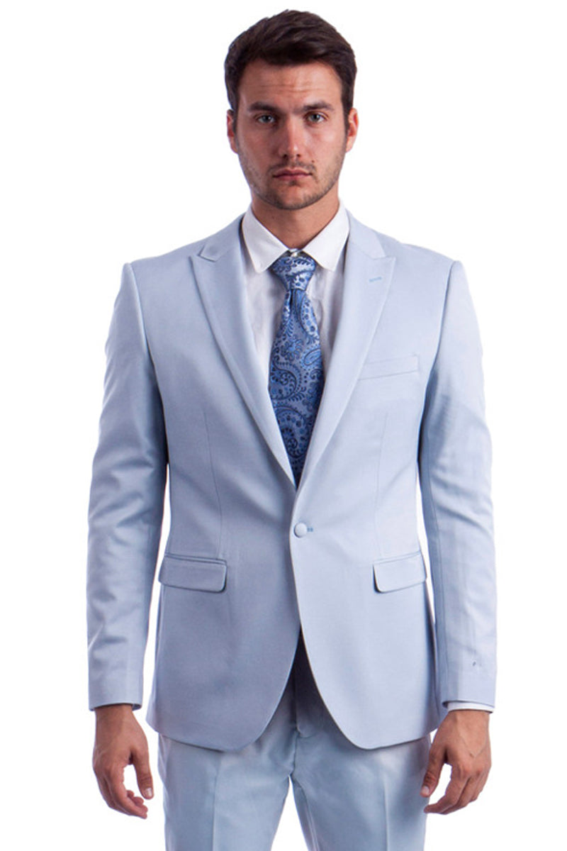 Men’s One Button Peak Lapel Basic Slim Fit Suit in Light Blue