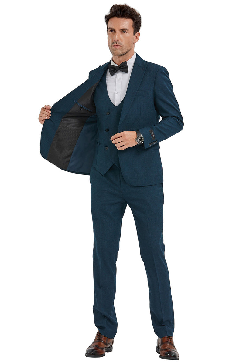 Men’s Slim Fit One Button Peak Lapel Suit with Double Breasted Vest in Dark Teal Sharkskin