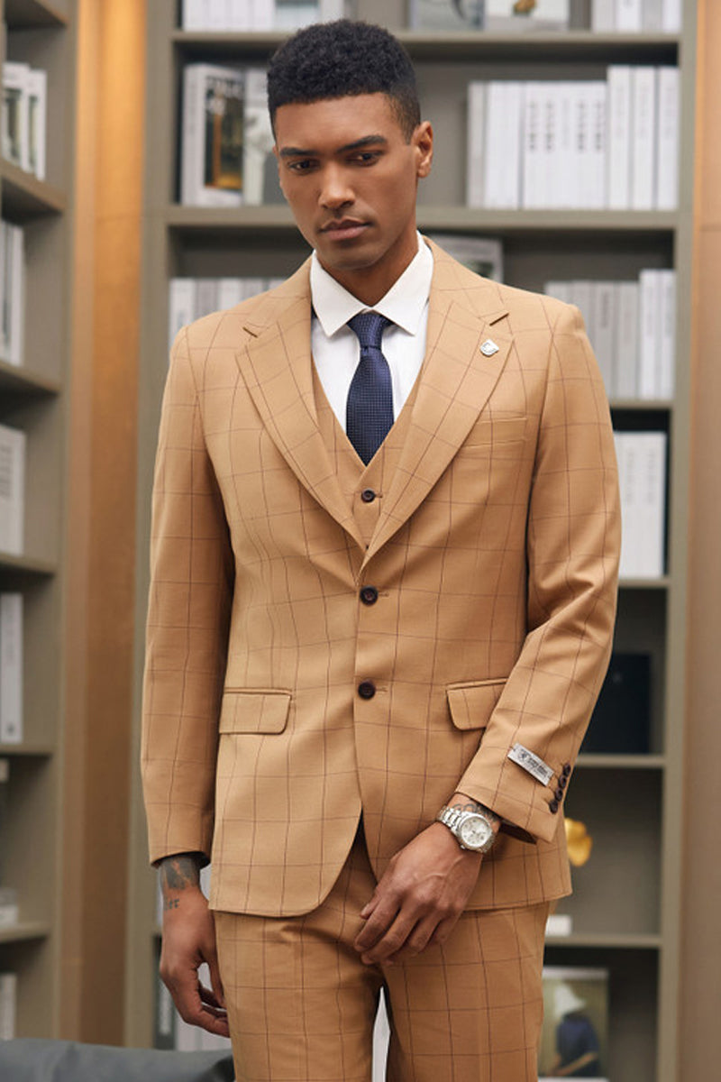 Men’s Stacy Adam’s Two Button Wide Notch Lapel Vested Suit in Light Rust Windowpane Plaid