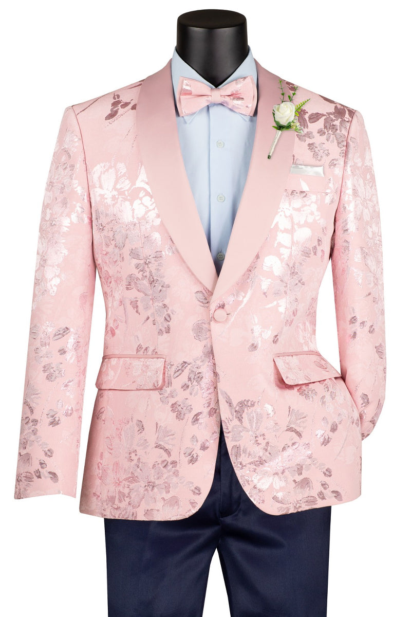 Men’s Shiny Foil Floral Paisley Prom & Wedding Tuxedo Jacket in Pink