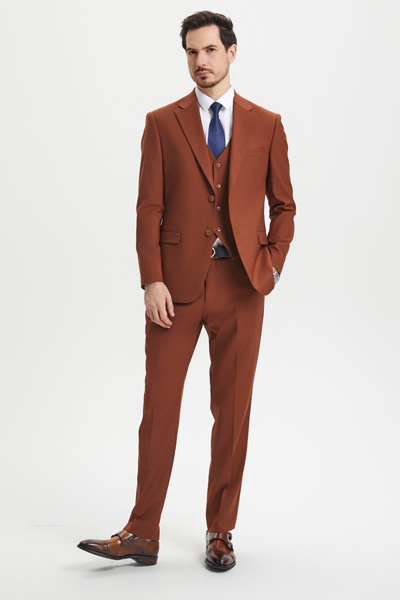 Men’s Two Button Vested Stacy Adams Basic Designer Suit in Brown Rust