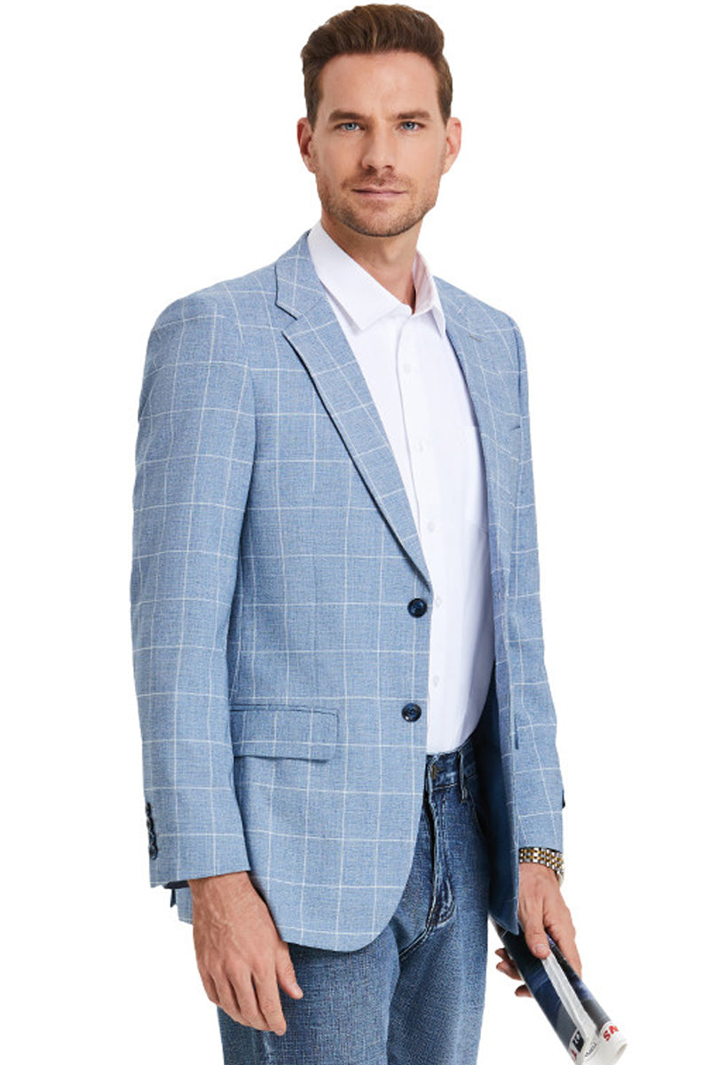 Men’s Slim Fit Business Casual Summer Windowpane Plaid Blazer in Light Blue