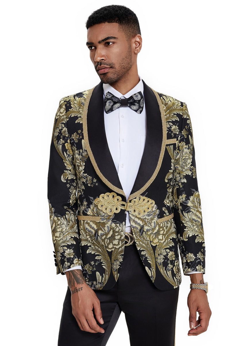 Men’s One Button Shawl Lapel Wedding & Prom Tuxedo in Shiny Black Paisley