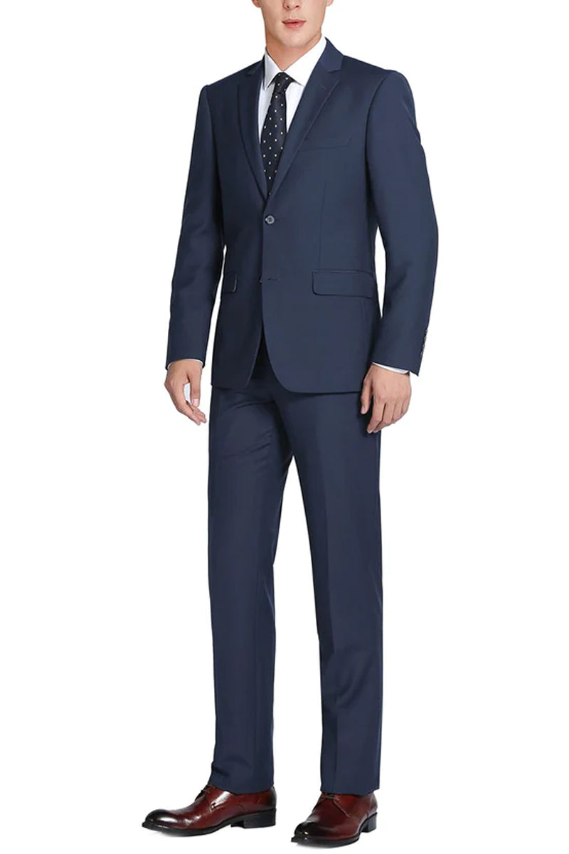 Mens Basic Two Button Classic Fit Wool Suit with Optional Vest in Indigo Blue