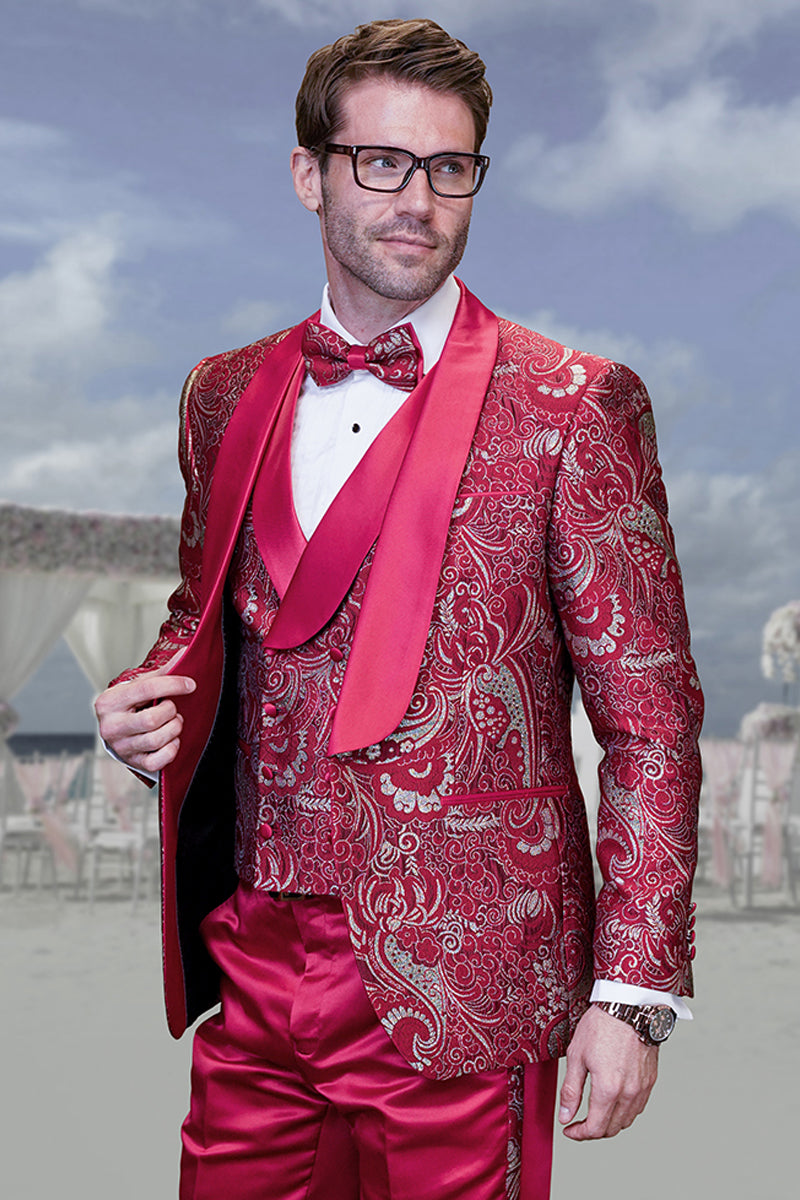 Men’s Fancy Brocade Paisley Vested Prom & Wedding Tuxedo in Red