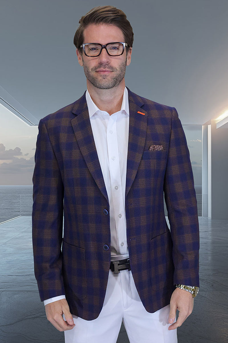 Men’s Modern Fit Patch Pocket Designer Wool Summer Blazer in Navy Windowpane Plaid
