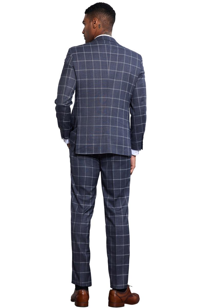 Men’s Stacy Adams Classic One Button Vested Windowpane Suit in Charcoal Grey