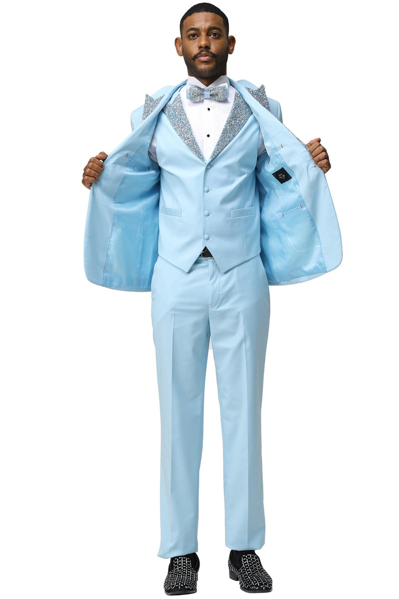 Men’s One Button Rhinestone Peak Lapel Vested Prom Tuxedo in Sky Blue