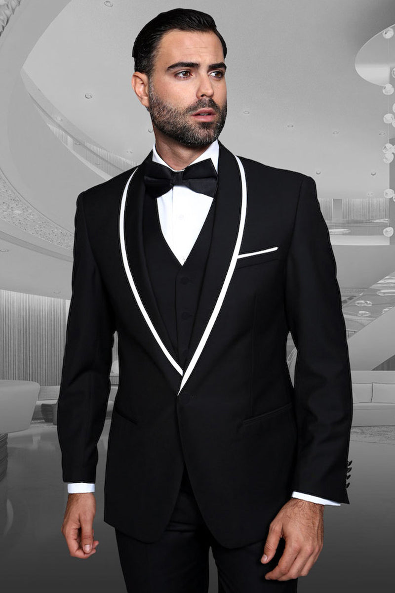 Men’s Designer Vested Satin Trim Shawl Wedding & Prom Tuxedo in Black