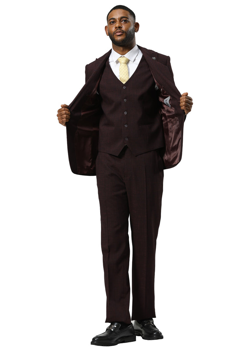 Men’s Stacy Adams One Button Peak Lapel Vested Sharkskin Suit in Burgundy