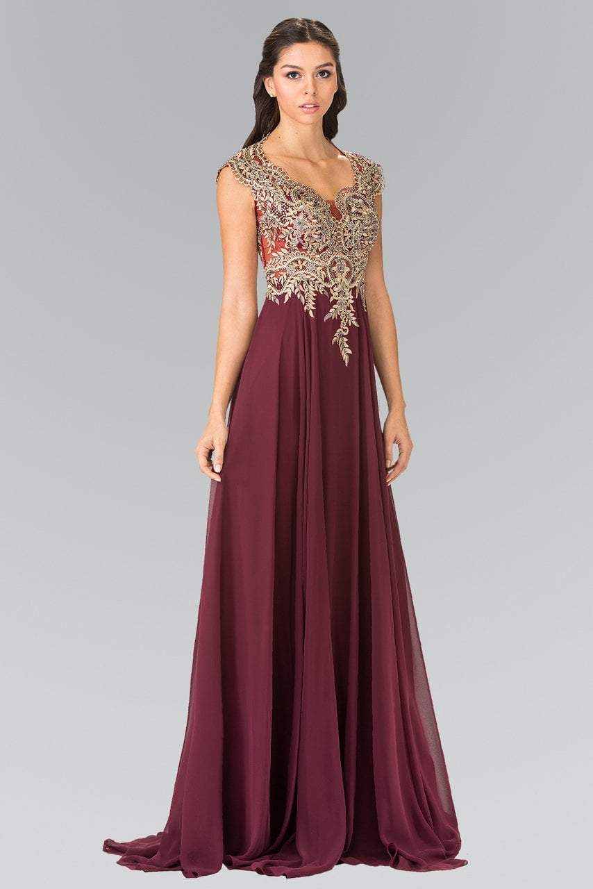 GL2229 Gilt Embroidered Bateau A-Line Gown