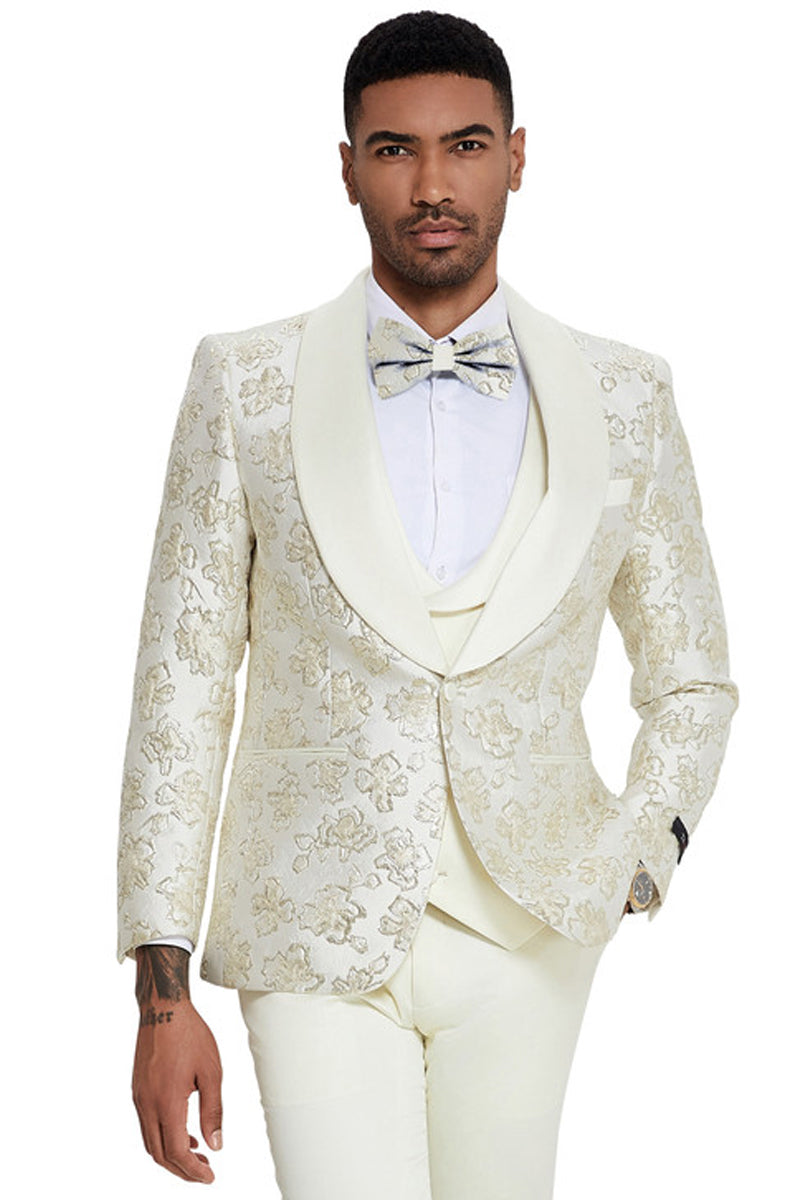 Men’s Slim Fit Vested Wedding & Prom Shawl Lapel Paisley Tuxedo in Ivory & Gold
