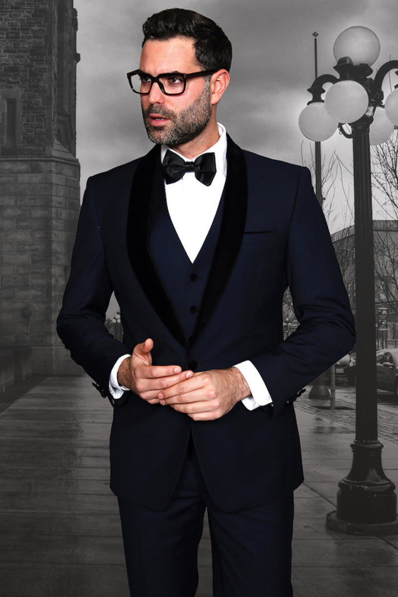 Men’s Vested Classic Dinner Jacket Wedding Tuxedo with Velvet Lapel in Navy