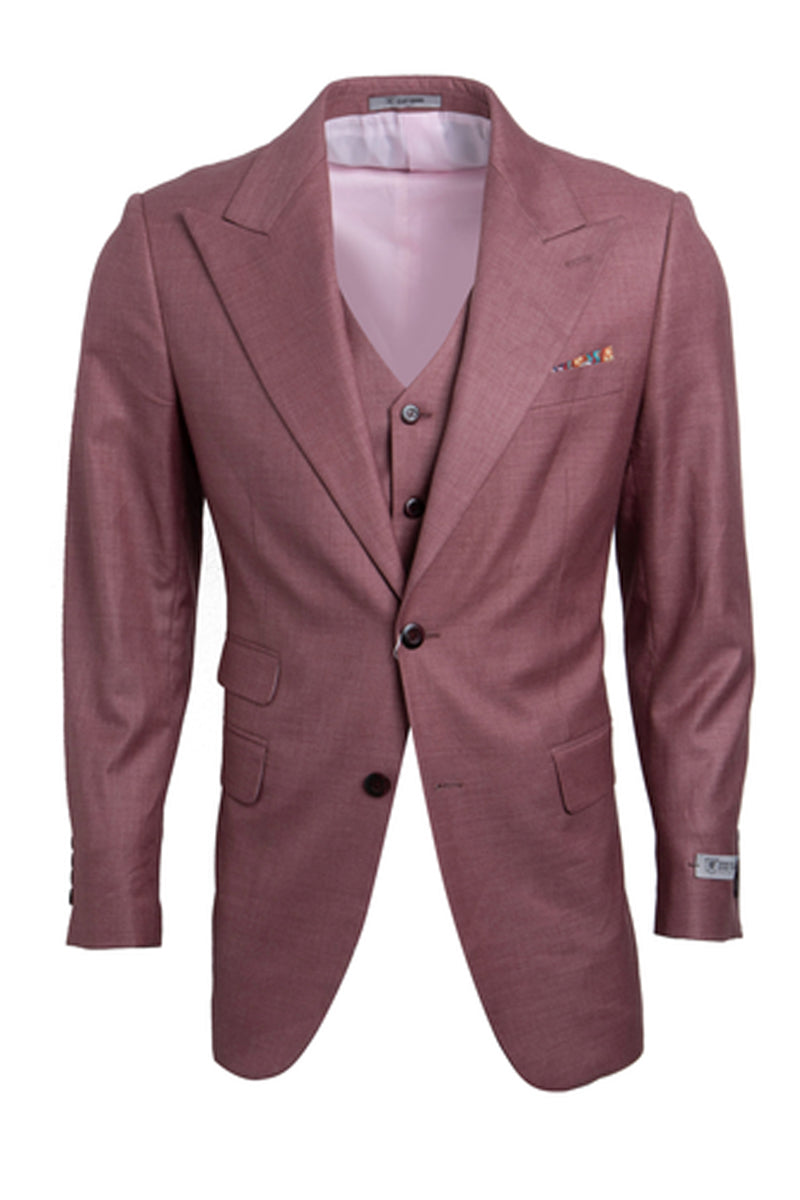 Men’s One Button Peak Lapel Vested Stacy Adams Sharkskin Suit in Salmon Pink