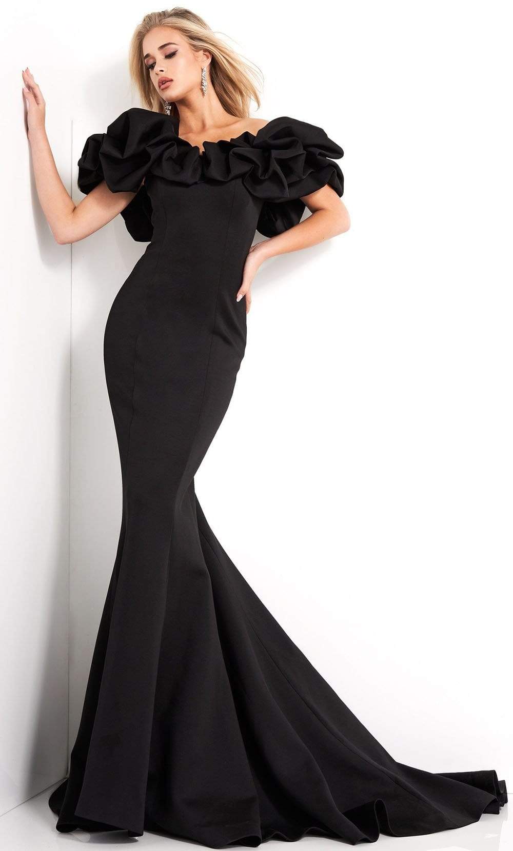 04368 Ruffled Off Shoulder Scuba Mermaid Evening Dress