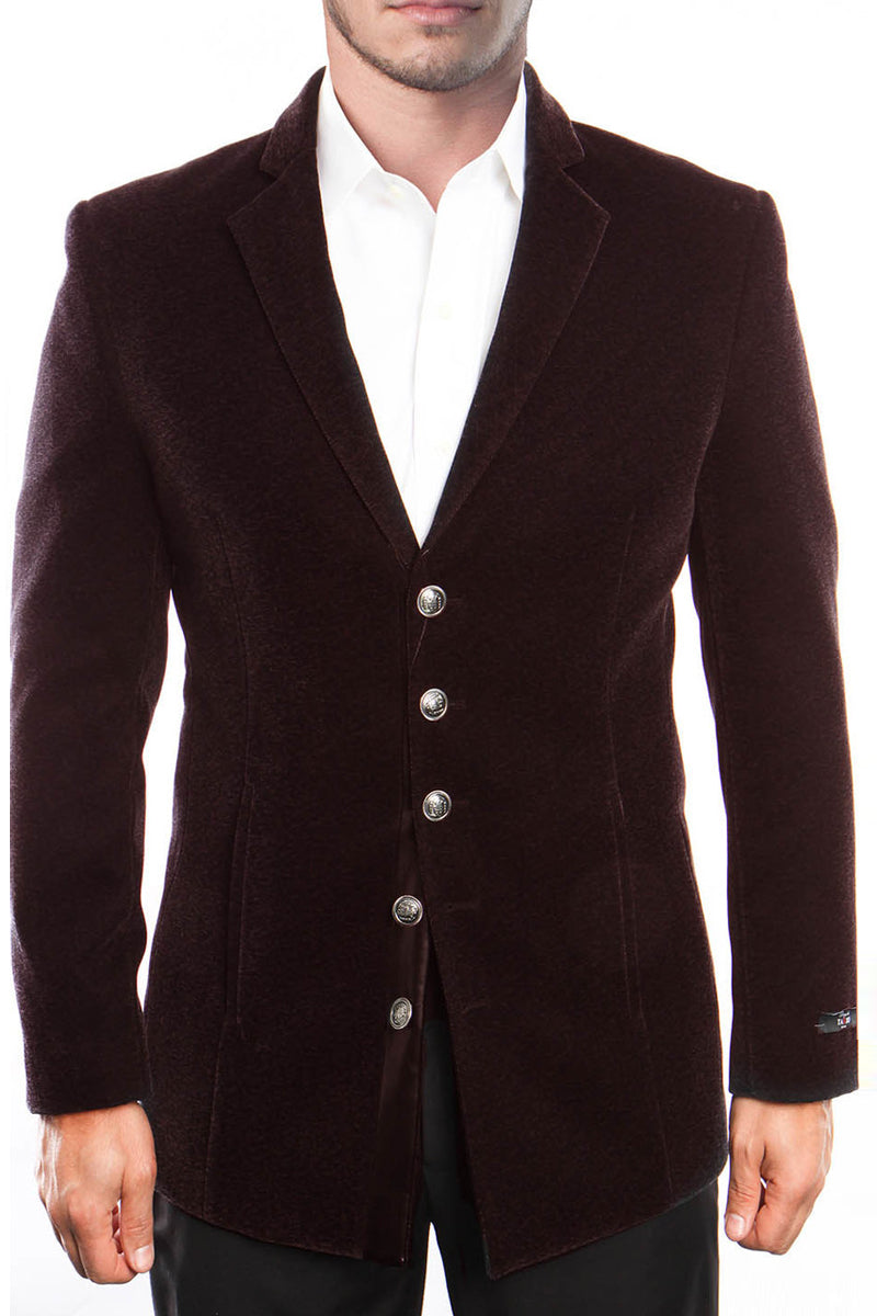 Men’s Five Button Vintage Style Velvet Coat in Burgundy