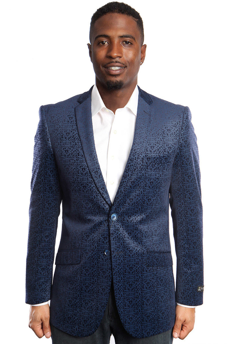 Men’s Two Button Organic Pattern Velvet Blazer in Navy Blue