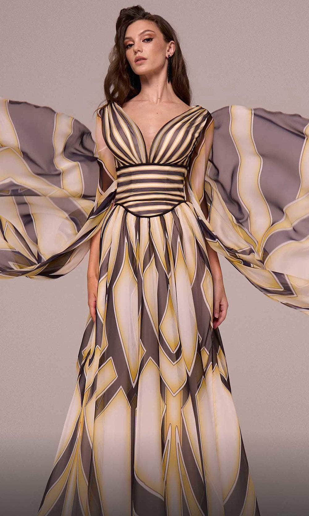 Printed Long Cape Sleeve Evening Gown