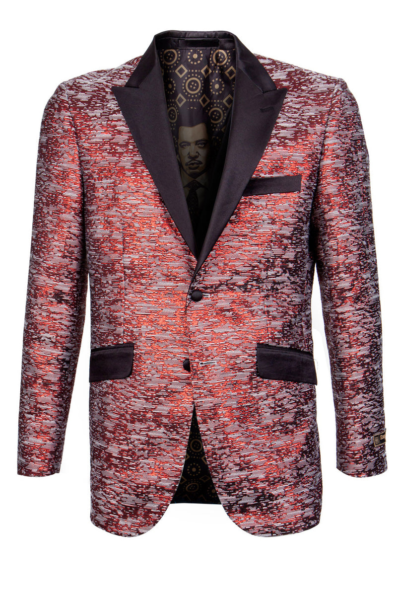 Men’s Shiny Satin Texured Tuxedo Jacket in Red & Black