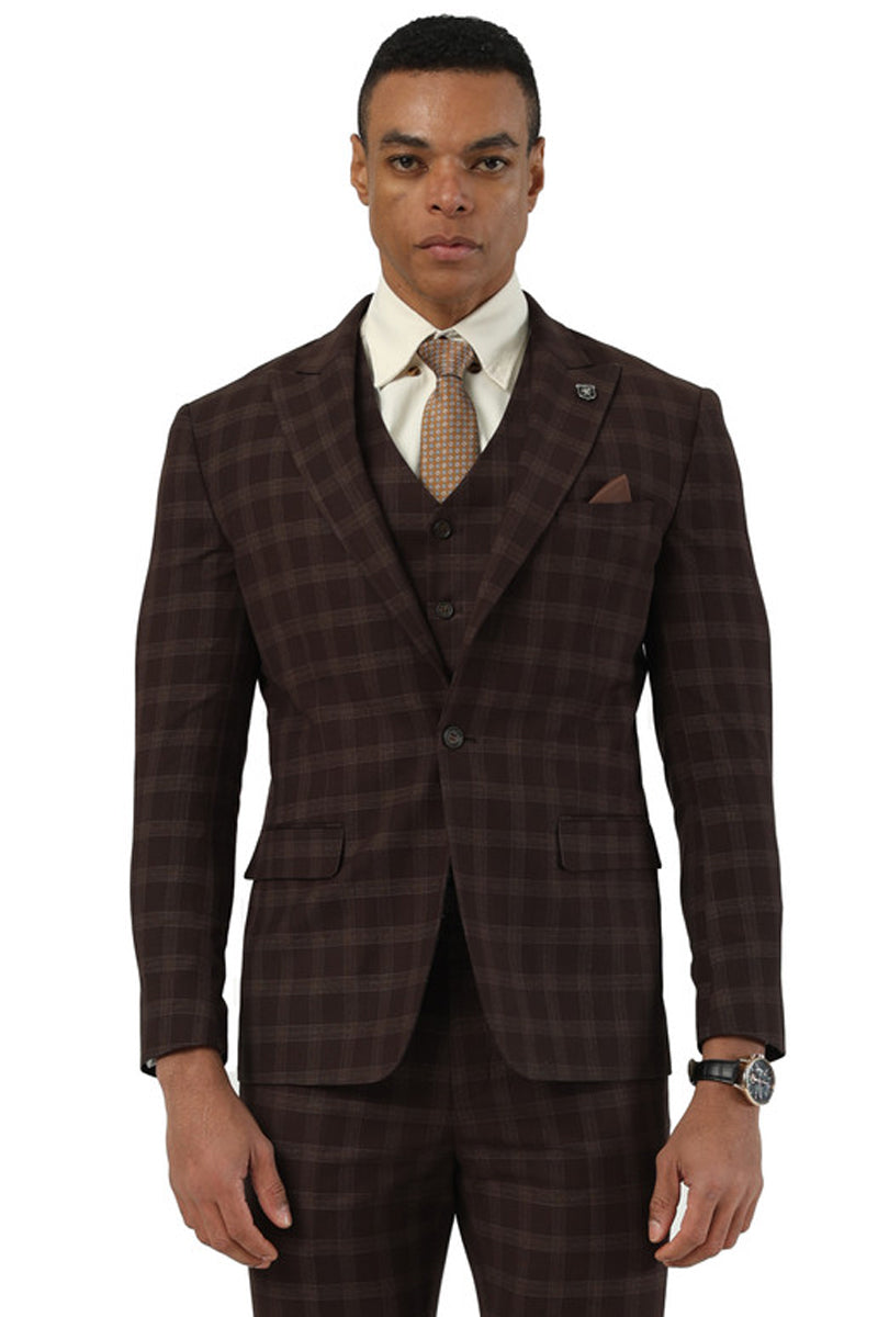 Men’s Stacy Adams One Button Vested Peak Lapel Suit in Brown Plaid