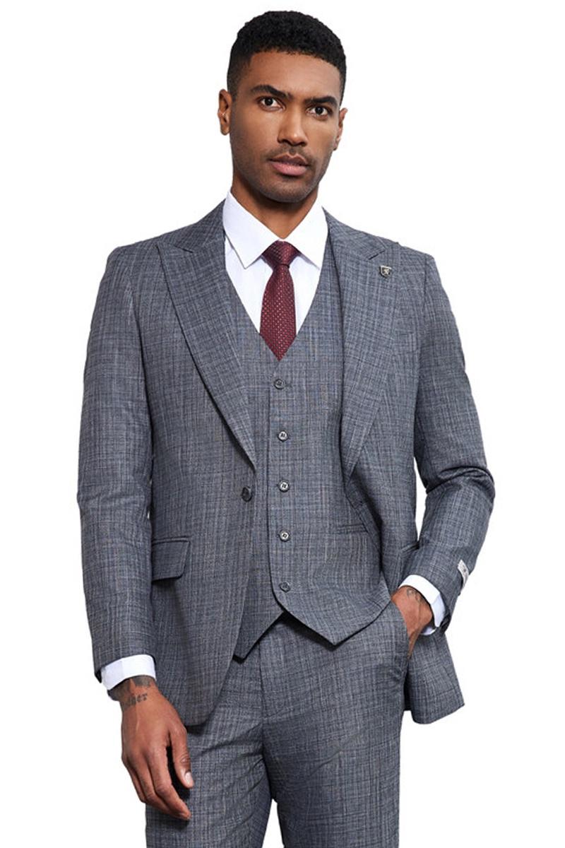 Men’s Stacy Adams Vested Sharkskin Weave Pattern Suit in Grey