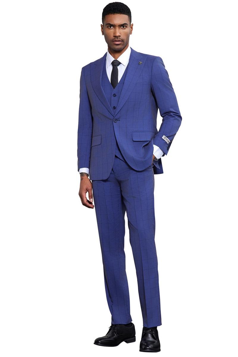 Men’s Stacy Adams Modern Fit Vested Tonal Windowpane Plaid Suit in French Blue
