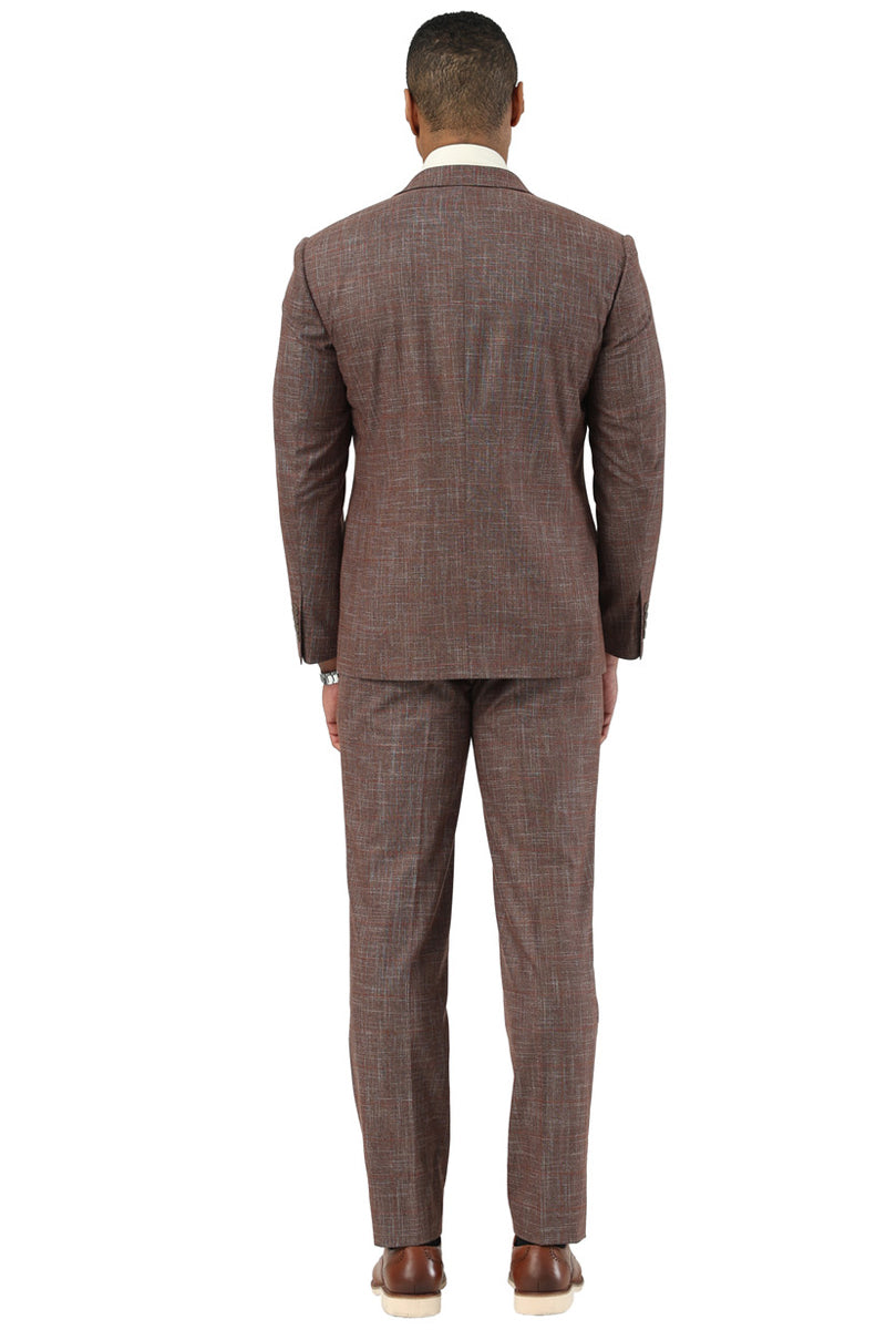Men’s Stacy Adams One Button Peak Lapel Vested Suit in Brown Sharkskin Windowpane