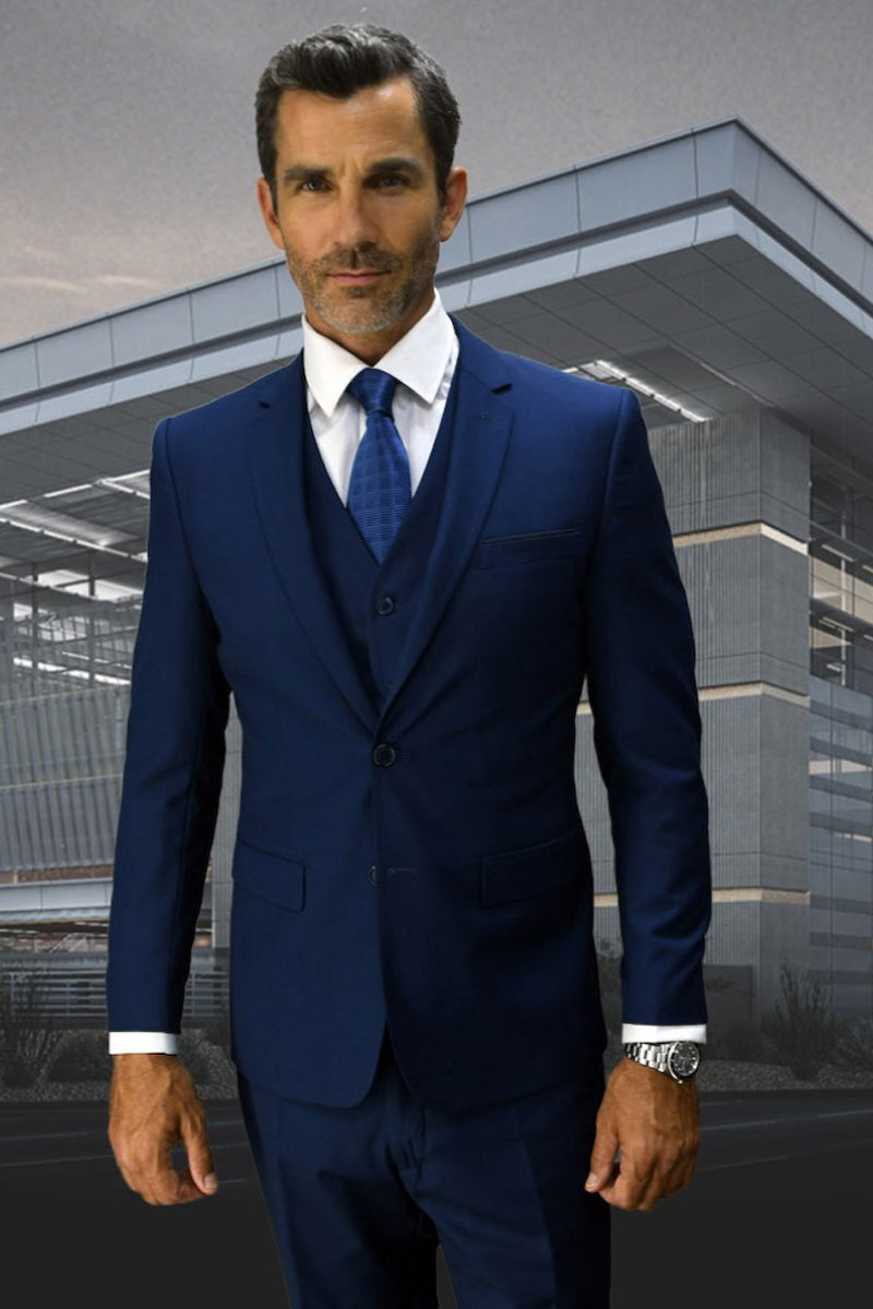 Men’s Designer Slim Fit Vested Wool Wedding Suit in Sapphire Blue